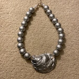 METALLIC SIVER WOODEN BEAD NECKLACE WITH AUTHENTIC OYSTER SHELL